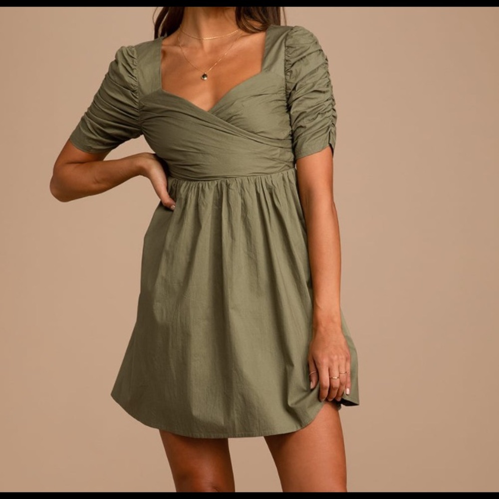 Lulu’s Ready for My Love Olive Green Ruched Short Sleeve Mini Dress